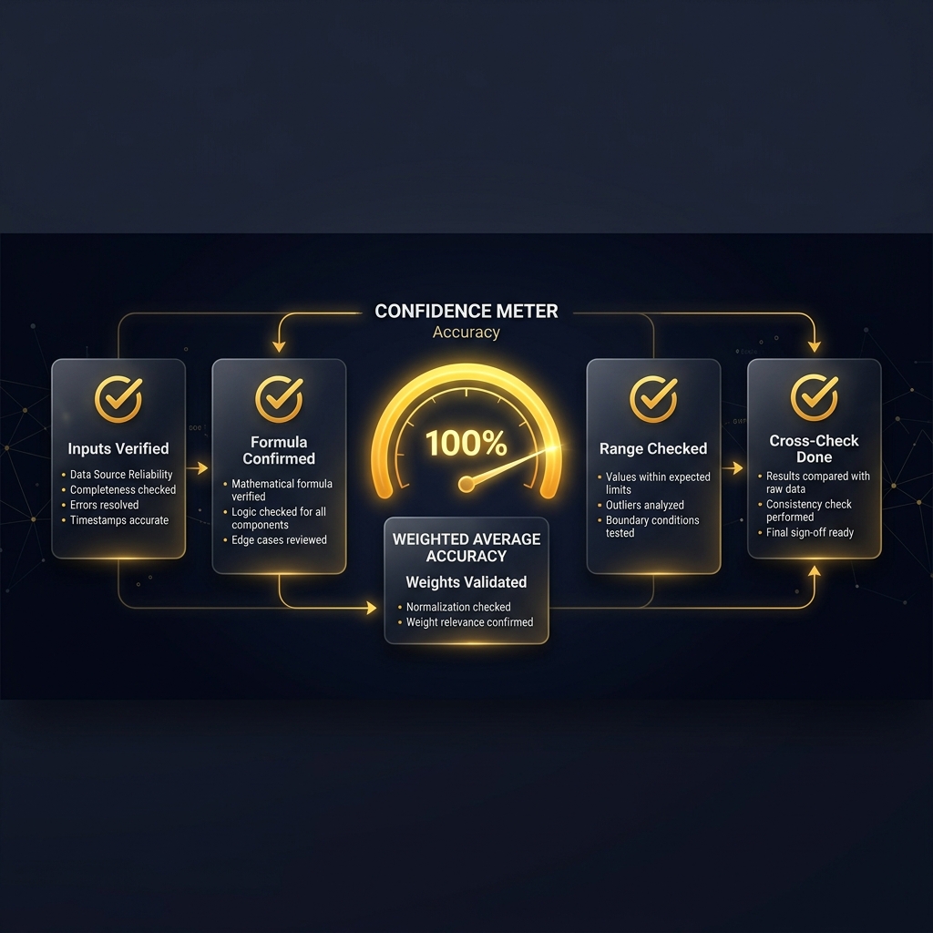 Dark themed visual showing five elegant verification cards with golden checkmarks connected by workflow lines and a central confidence gauge showing full accuracy