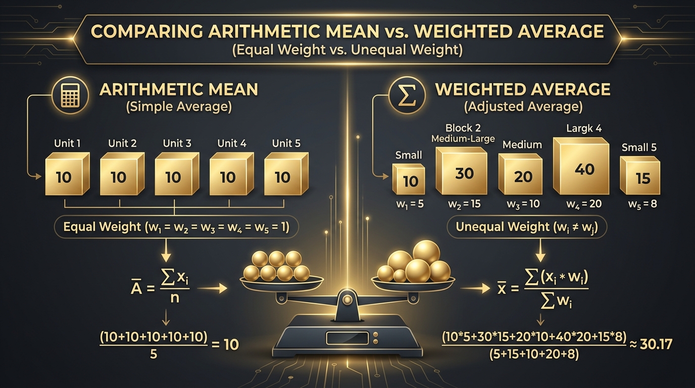 Side-by-side visual comparison of arithmetic mean with equal blocks versus weighted average with varying block sizes on a balance scale