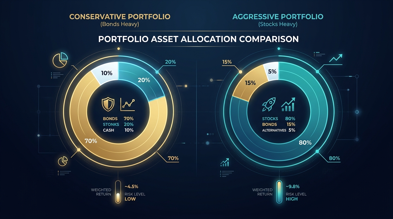 Side-by-side comparison of conservative and aggressive portfolio allocations showing how different weights produce different weighted returns