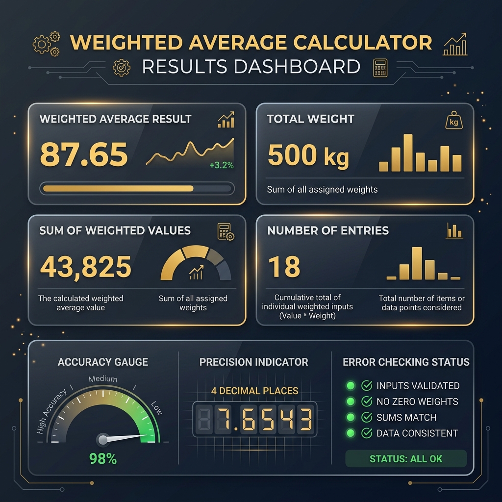 Weighted average calculator results dashboard showing weighted average, total weight, sum of products, and entries processed