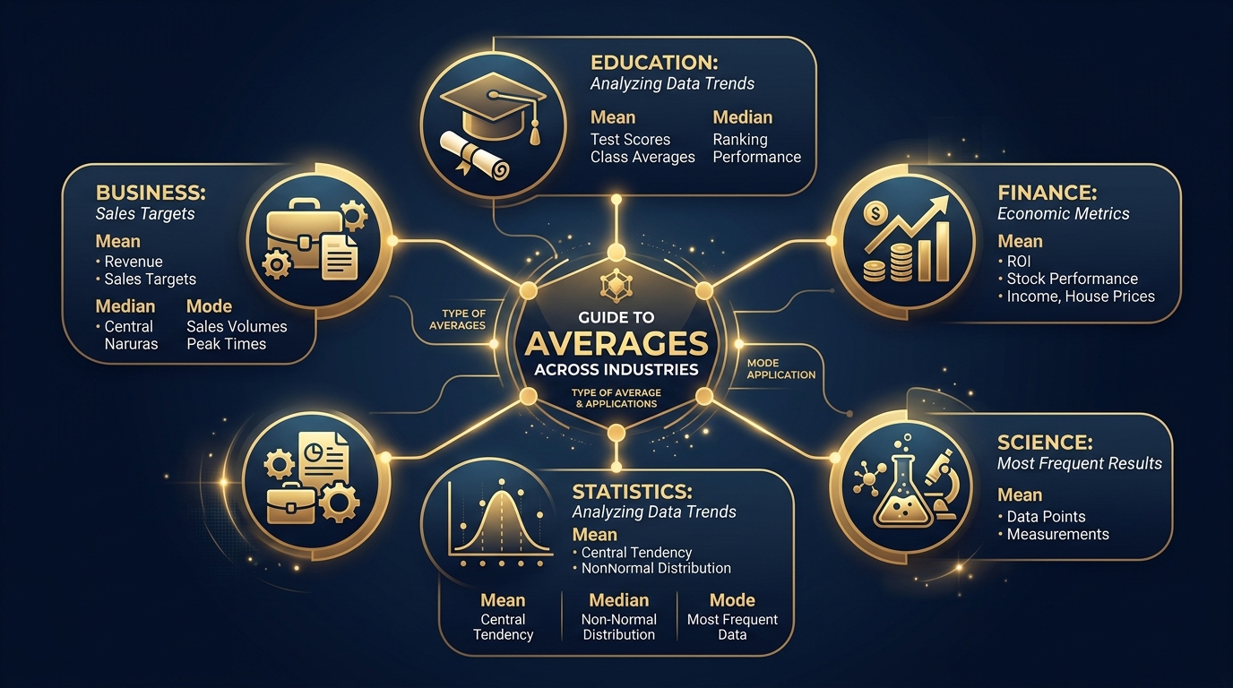 Infographic showing five industry icons for education, finance, science, business, and statistics connected to a central hub representing average selection