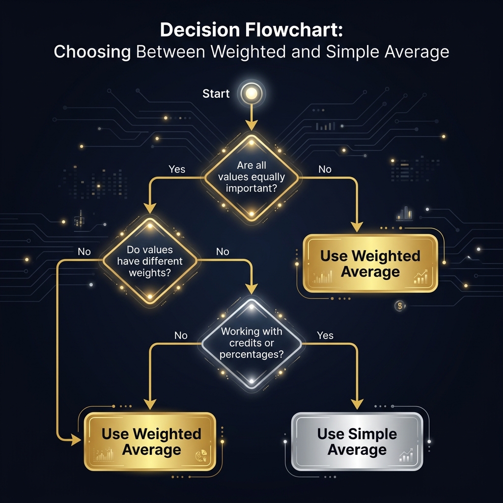 Decision flowchart showing how to choose between weighted and simple average based on data importance, credit hours, and sample sizes