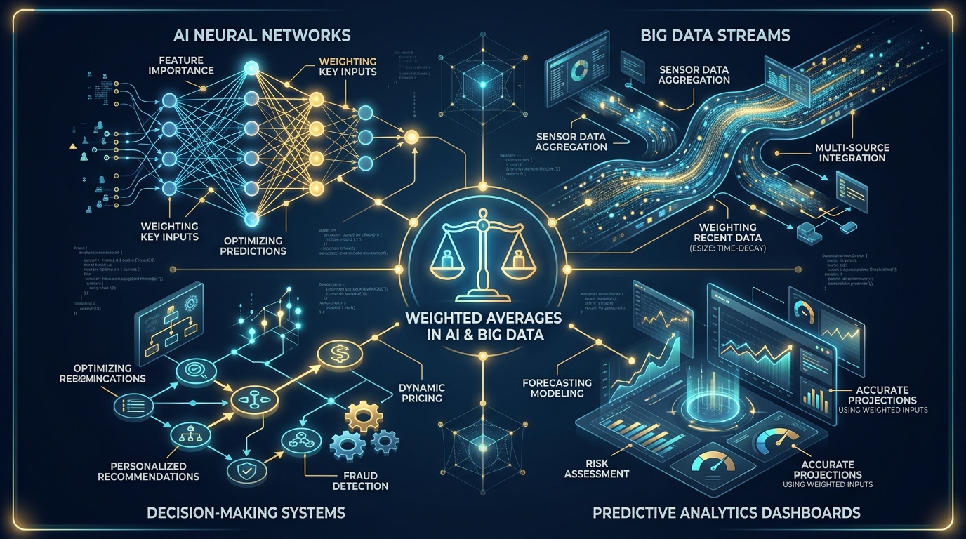 Futuristic visualization of AI neural networks and big data streams connected by golden nodes representing weighted average applications in emerging technology