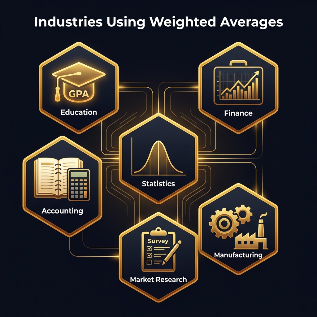 Six industry sectors represented as connected hexagonal cards showing education, finance, accounting, statistics, market research, and manufacturing sectors that commonly use weighted averages