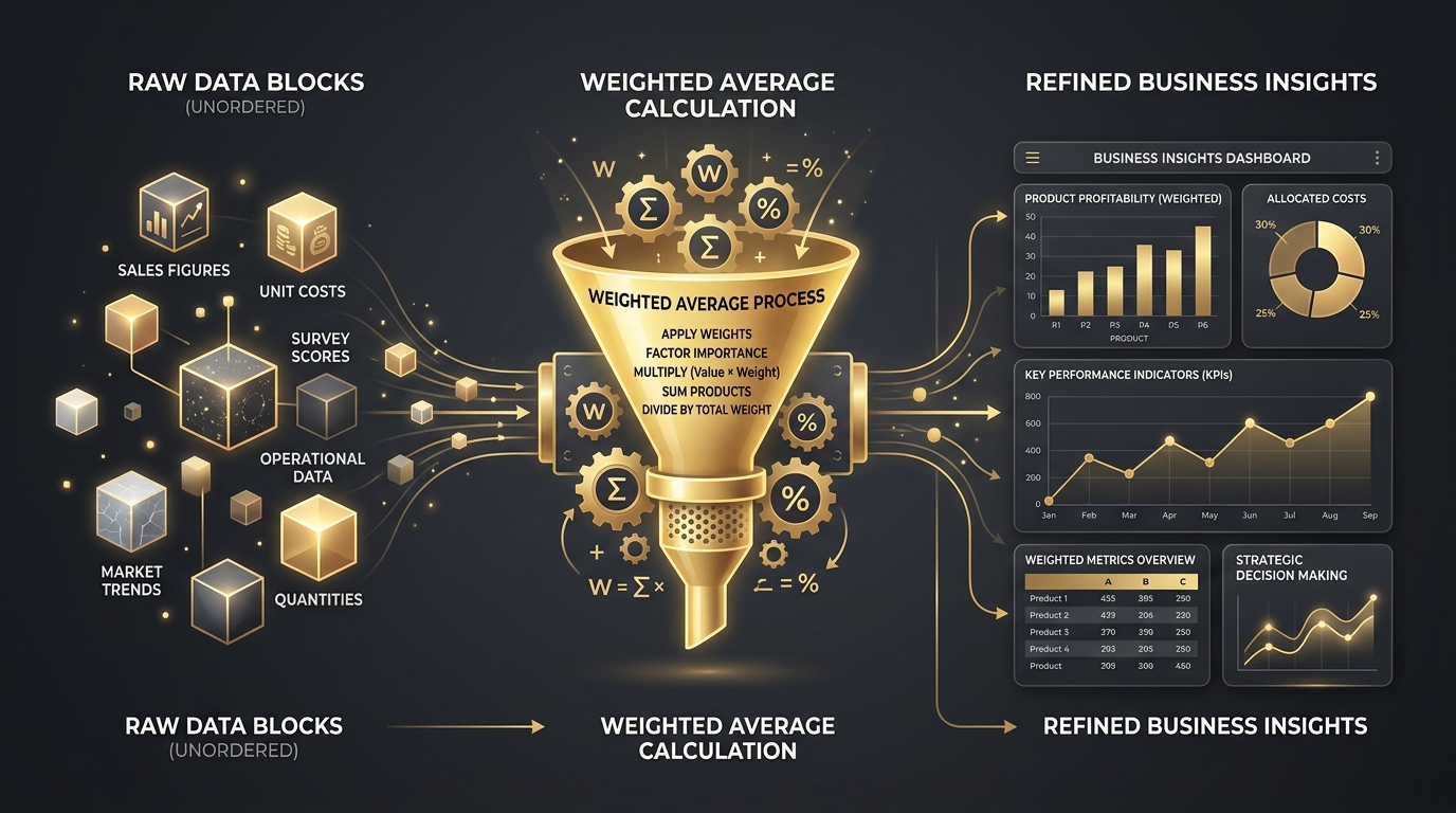 Data pipeline visualization showing raw data flowing through weighted average calculations to produce refined business insights and dashboard charts