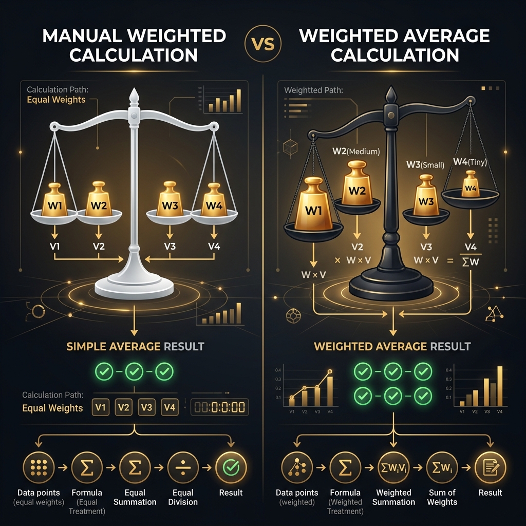 Side-by-side comparison of weighted average and simple average calculation methods with visual balance scale showing how weights affect the outcome
