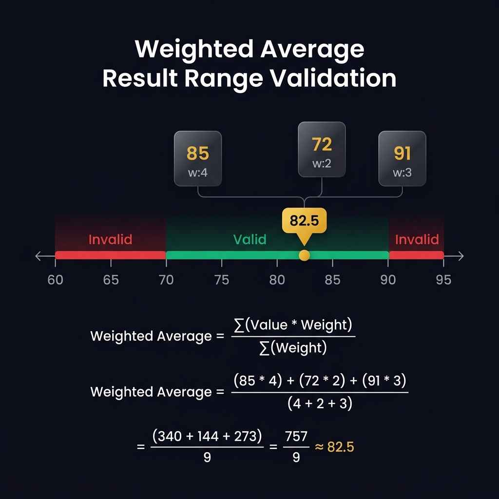 Dark themed infographic showing range validation of a weighted average result with a number line, value-weight cards, valid and invalid zones, and formula breakdown