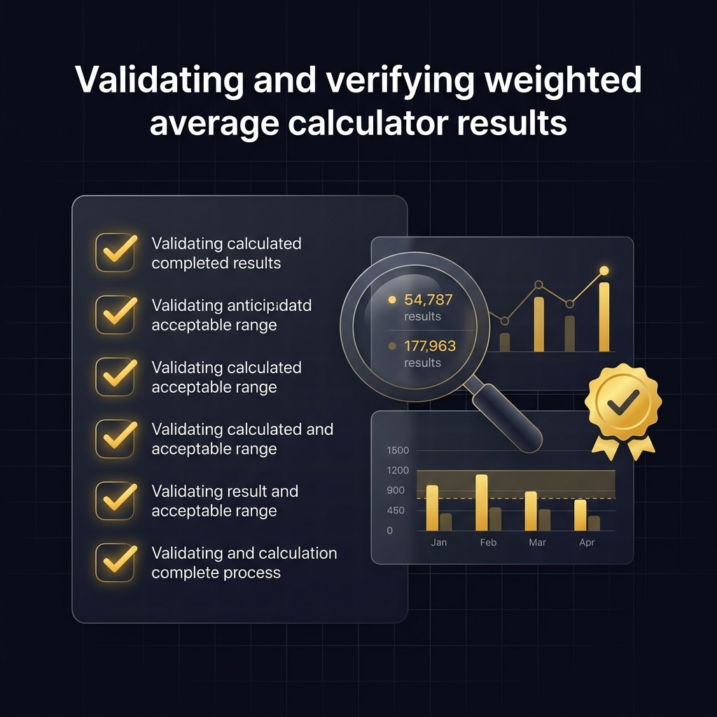Professional quality assurance visualization with glowing checkmarks and magnifying glass examining weighted average results on glassmorphism cards with golden verification badges