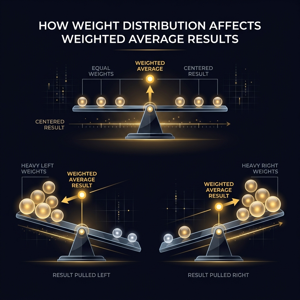 Three balance scale scenarios showing how different weight distributions pull the weighted average result in different directions with golden accent highlights