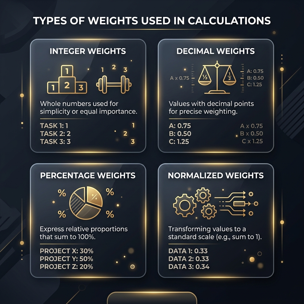 Overview of different weight types used in weighted average calculations including integer, decimal, percentage, and normalized weights