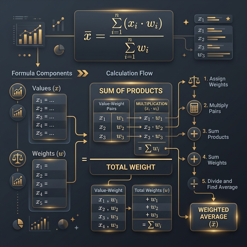 Visual breakdown of the weighted average formula showing values, weights, products, and the division step with connecting arrows