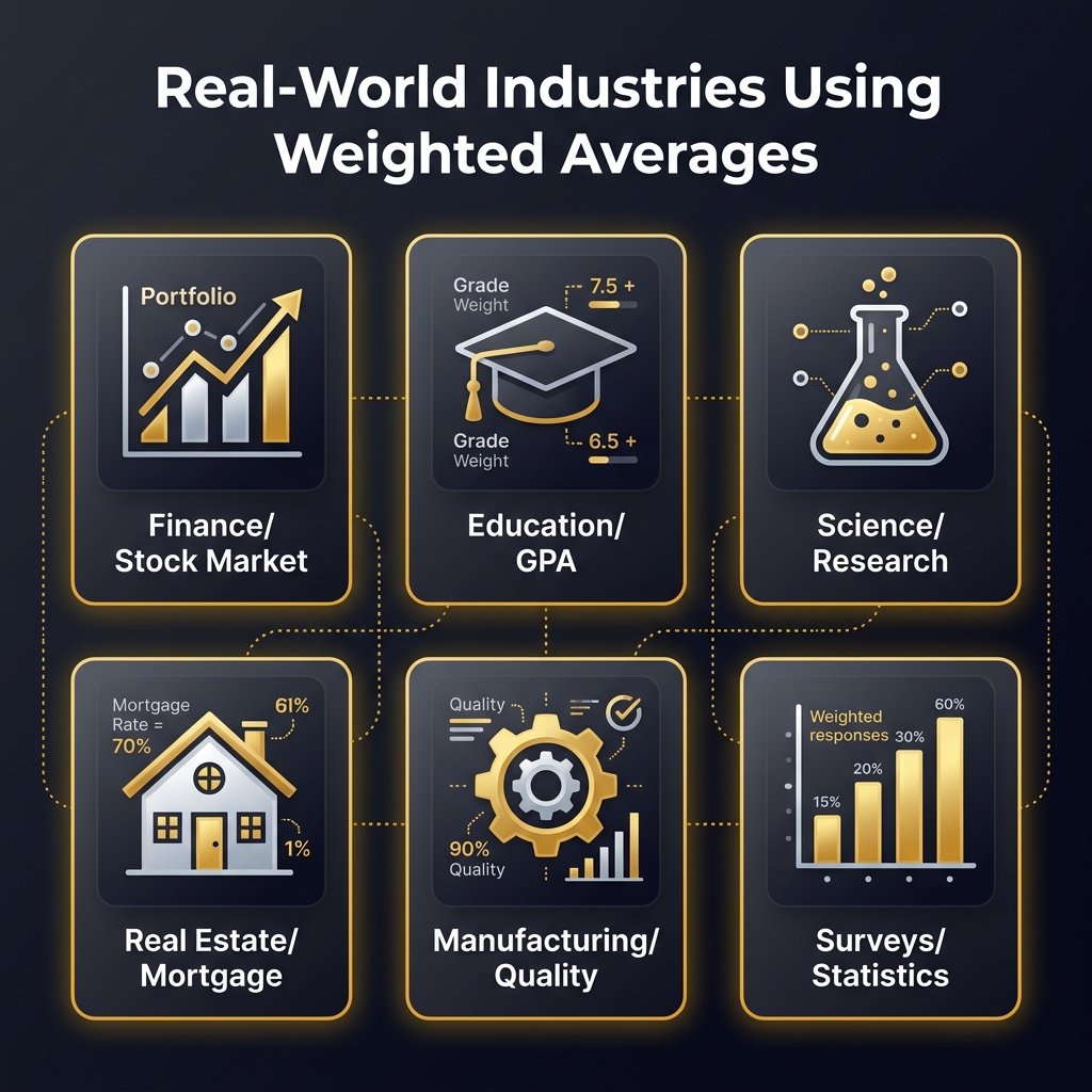 Multiple industries using weighted average calculations including education, finance, business, and research