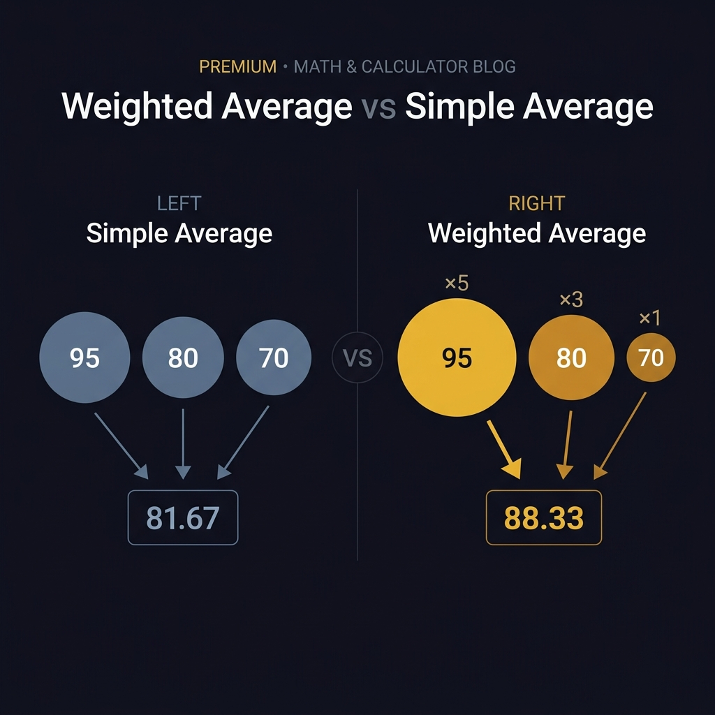 Visual comparison between weighted average and simple average showing how different weights change the final result